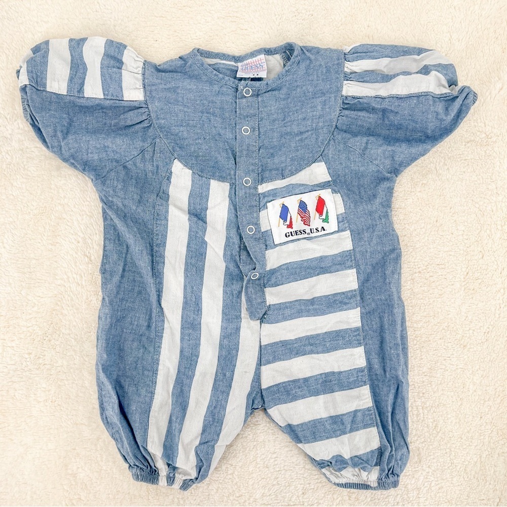 Baby Guess Vintage Blue & White Striped Long Sleeve Romper Nautical